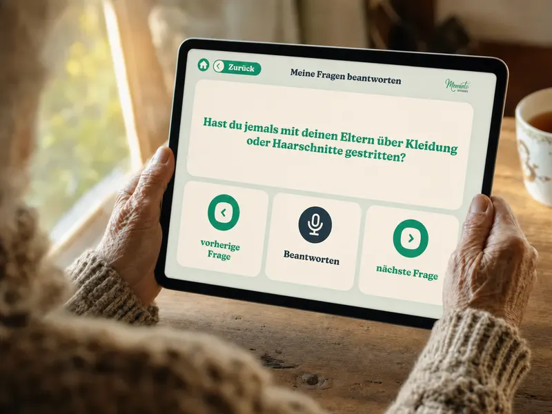 Hände halten ein Tablet mit einer großen Frage und einem großen Mikrofon-Knopf