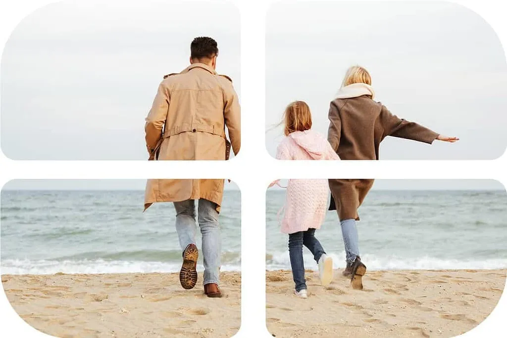Collage: a father, mother and daughter walking towards the sea on the beach