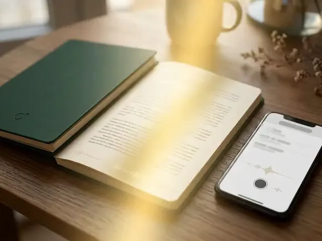 Smartphone with a calm recording app beside an open memory book, a soft golden shimmer sweeping across its page