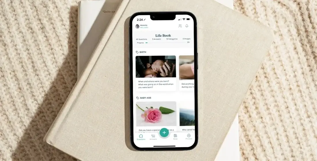 Meminto app showing an open book page on a smartphone