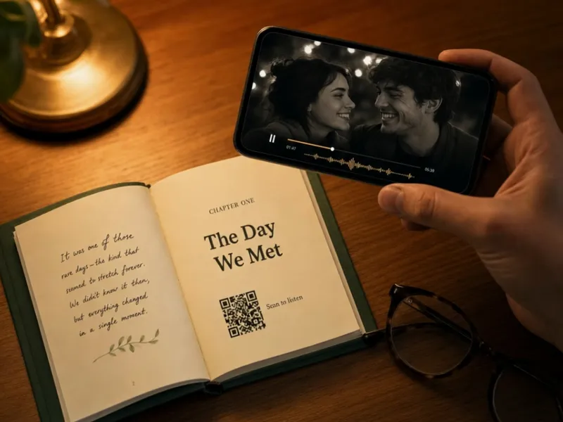 Open memory book with a QR code; on the phone beside it the matching video memory is playing
