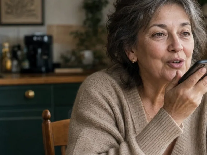 Older woman speaking a memory into her smartphone as a voice message